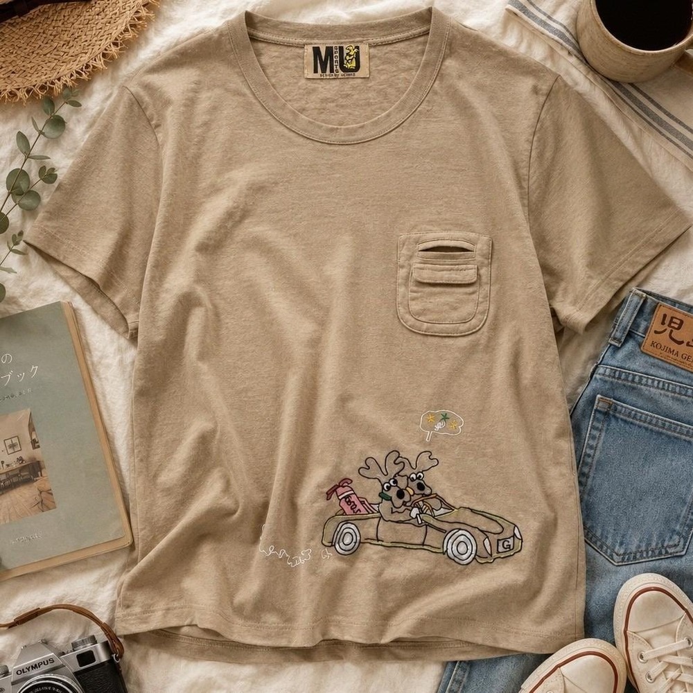 Wms Vintage MU Sports Mieko Uesako Graphic Tee Tan Embroidered Golfcore Kawaii